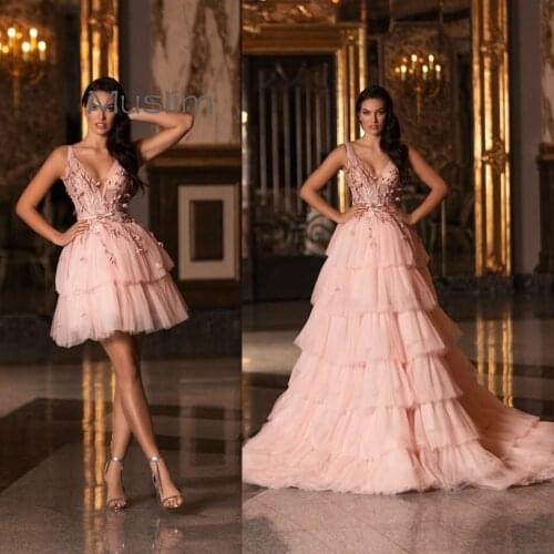 Sexy Pink Short Evening Dresses With Detachable Train 2021 Beaded Florals Prom Dress V Neck Tulle Tiered Formal Party Evening