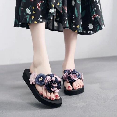 Summer Women Flower Slippers Sandals Outdoor Women Fashion Female Flip Flops Heels Slides Beach Slippers Womens flip-flops