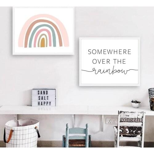 Somewhere Over The Rainbow Quote Nordic Poster Pink Canvas Painting Print Girls Bedroom Wall Art Picture Baby Nursery Decoration