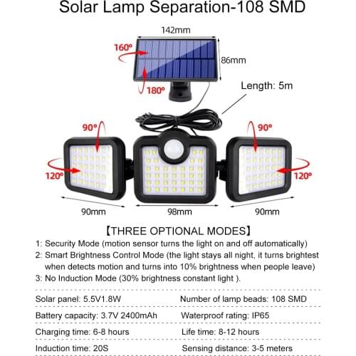 74LED Solar Light 3 Head Solar Lamp PIR Motion Sensor Spotlight Waterproof Outdoor Adjustable Angle Lights For Garden Wall Path