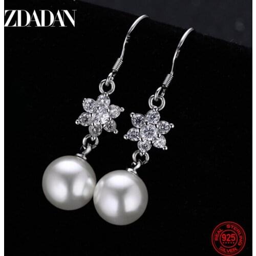 ZDADAN 925 Sterling Silver Snowflake Pearl Long Dangle Earring For Womens Charm Wedding Jewelry