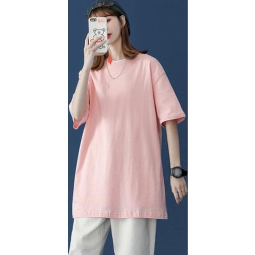 New 2021 Women Spring Summer T-shirts Solid Multi Colors Loose Bottoming Half Sleeve Minimalist Split Tops Oversized tee women