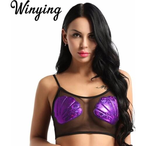 Women Shiny Mermaid Seashell Mesh Splice Spaghetti Straps Sexy Crop Top Club Party Festival Rave Clothes Casual Transparent Tops