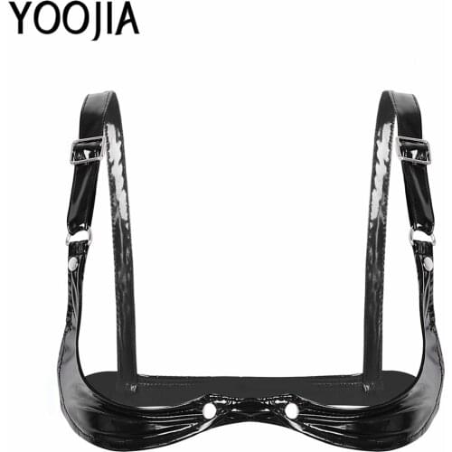 Womens Wet Look Faux Leather Bra Top Wireless Unlined Open Cup Bra Underwear Adjustable Spaghetti Shoulder Strap Three-Breasted