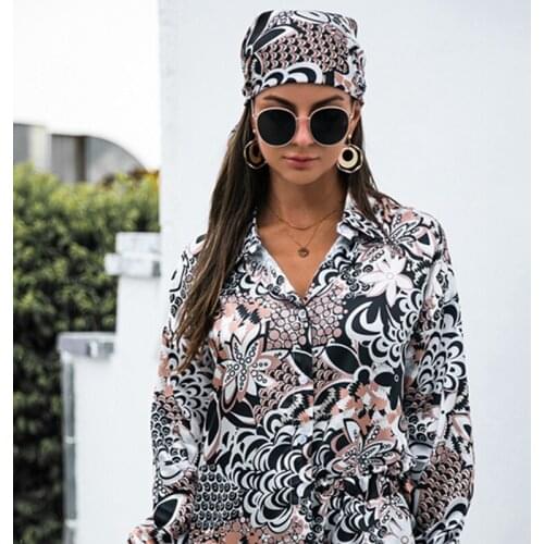 3-Piece WomenS Floral Suit Adult Button Lapel Long-Sleeved Shirt + Shorts + Bandana 2021 Spring And Autumn New Casual Fashion