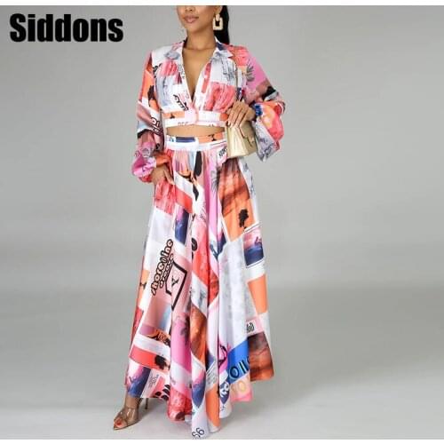 Two Pieces Sets Women Paper Printed Long Sleeve Shirt & Maxi Skirts Women Fashion Elegant Paper Printed Long Sleeve Shirt