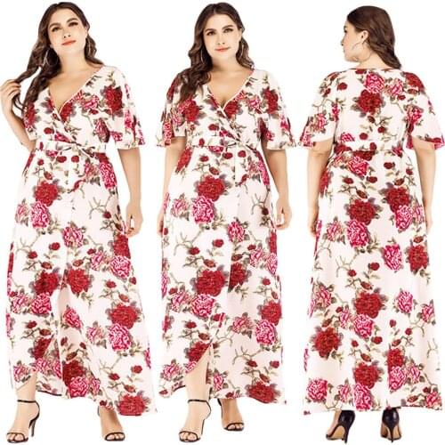 Boho Floral Print Long Dress Women V Neck Maxi Party Beach Sundress Plus Size High Slit Short Sleeve Summer Dress With Belt New