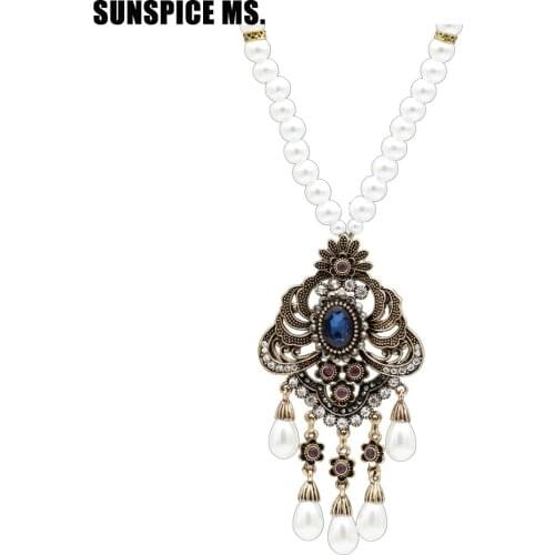 Elegent Turkish Women Long Beads Flower pendant Necklace Antique Gold Color Vintage Simulated Pearl Sweater Chain Ethnic Jewelry