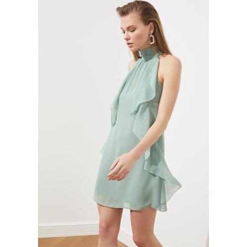 2021 summer chiffon mini ruffle dress women ladies Bohemian Casual fashion Slim Fit Mint Halter Neckline graduation
