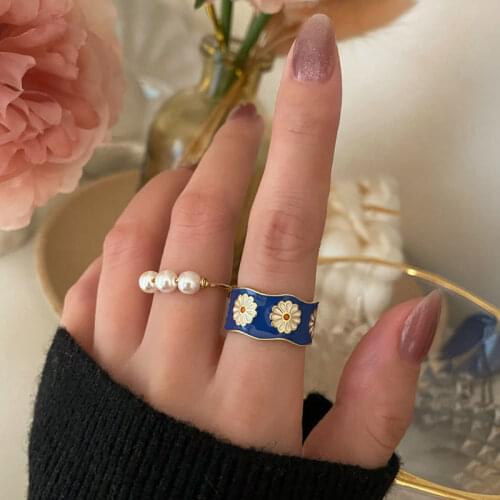 New Vintage Temperament Flower Ring Retro Drip Glaze Blue Daisy Opening Adjustable Ring For Women Girls Fashion Jewelry Gift