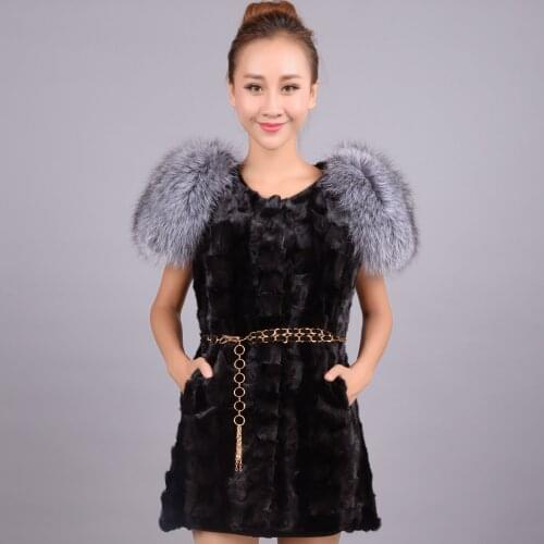 Real Piece mink fur vest with fox fur shoulder Womens Genuine leather Fur coat Natural Mink Fur Jacket Outwear
