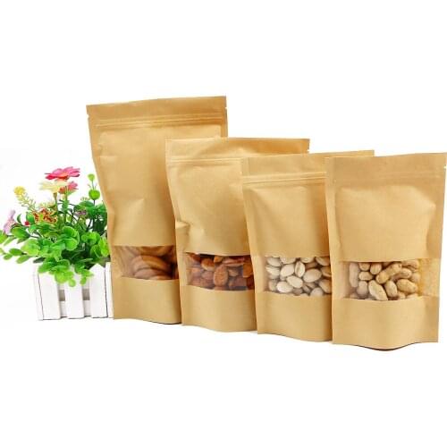 10pcs Tea Bag Kraft Paper Self-Supporting Self-Sealing Window Kraft Paper Nut Food Packaging Dried Fruit Sealed Bag