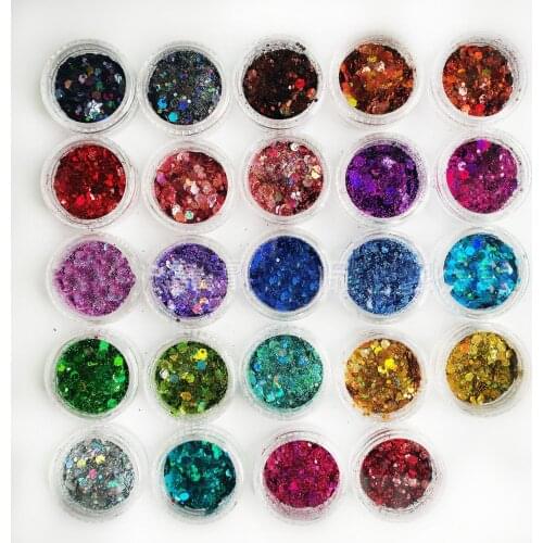 24Pots/lot 24 colors HOLOGRAPHIC NAIL POWDER 008-3mm RAINBOW Glitter Effect Ultra Thin Dust Holo holographic mix chunky glitter
