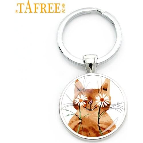 TAFREE Lovely animal Pet Cat keychain smile hand hold flower Lively Cat Glass Cabochon Pendant Metal Keychain jewelry TB223