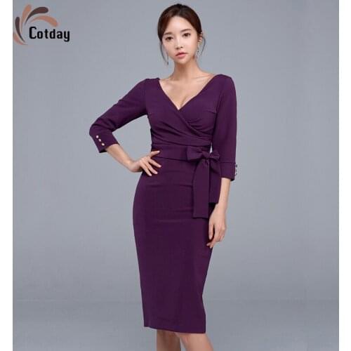 Cotday Three Quarter Sexy Plus Size Brand Woman For Womens Purple 2021 New Korean Style Package Button Elegant Clothes Dresses