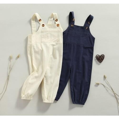 Kids Suspender Trousers Solid Color Button Shoulder Straps Loose Bib Pants for Toddlers Girls Boys 1-6 Years Beige/Navy Blue