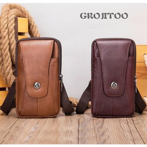 GROJITOO Genuine Leather Mens waist bag multi function Single Shoulder bag mini Messenger bag for men mobile phone bag