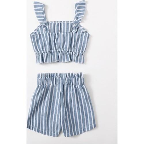 2-Pcs Outfit Kids Suit Set Girls Striped Printing Square Collar Sleeveless Pullover Crop Top+ Short Pants for Summer Dusty Blue