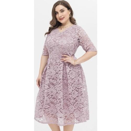 2021 Summer womens Plus Size Fresh and sweet lace short-sleeved dress with big skirt fashion Ladies vintage elegant dresses