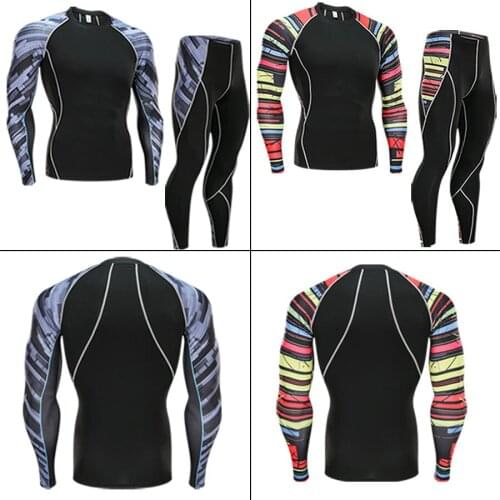 Mens Compression Run jogging Suits Clothes Sports Set Long t shirt And Pants Gym Fitness workout Tights clothing 2pcs/Sets