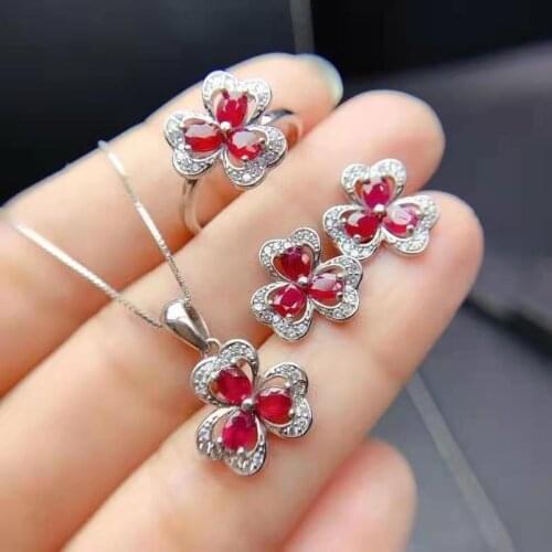 Natural Pigeon Blood Ruby Clover Ring Earrings Pendant Necklace Set S925 Silver Wedding Fine Fashion Jewelry for Women MeiBaPJFS