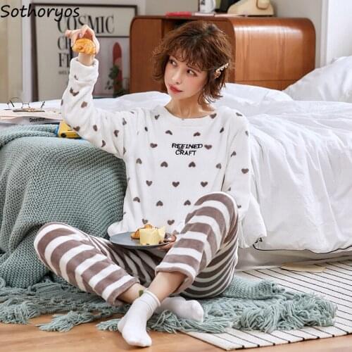 Pajama Sets Women Long Sleeve Coral Fleece Soft Warm Daily Leisure Comfortable Loose Printed O-neck Simple Womens Korean Style