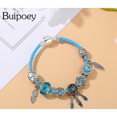 Buipoey Bohemian Cyan Braided Leather Bracelets For Women Men Original Dreamcatcher Beads Feather Dangle Charm Bracelet Jewelry