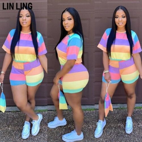LINLING Rainbow Striped Plus Size Two Piece Set Tracksuit Women Sexy Top Shorts Sweat Suits 2 Piece Outfits Matching Sets