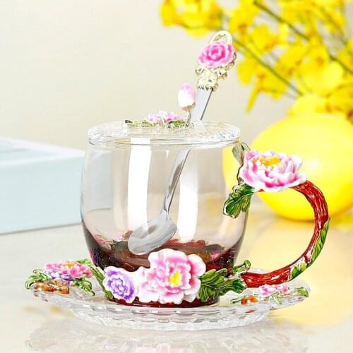 High-grade Peony Enamel Mugs Coffee cup Crystal Glass Cups and mugs Tea Cup Drinkware Gift Couple Mug For Lover Tea Set