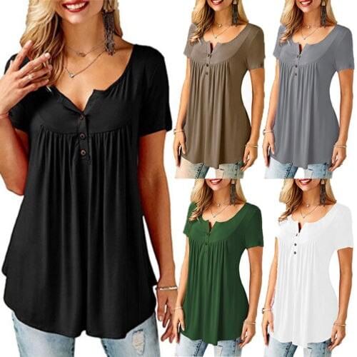 Summer Women´s Loose T-Shirt Short Sleeve V-neck Solid Color Pleated Casual Pullover Tops Blouse Tee Plus Size
