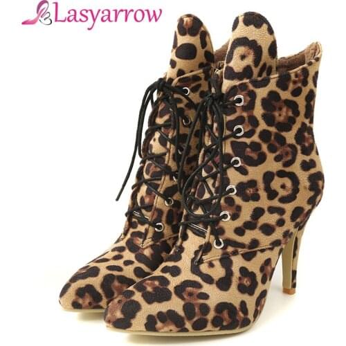 Lasyarrow Winter High Heel Leopard Ankle Boots Pointed Toe Women Boots Fashion Casual Shoes Woman Lace Up Plus Size Ladies Pumps