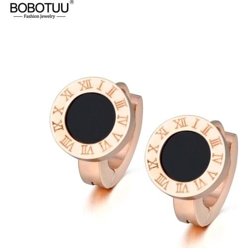 BOBOTUU Trendy Black Shell Circle Roman Numerals Hoop Earrings For Women Titanium Steel Wedding Earrings Jewelry BE18013
