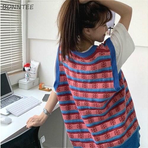 Sweater Vest Women Harajuku Chic Striped Design V-neck Fall BF Style Teens Streetwear Casual Fashion Ladies Sleeveless Knitwear