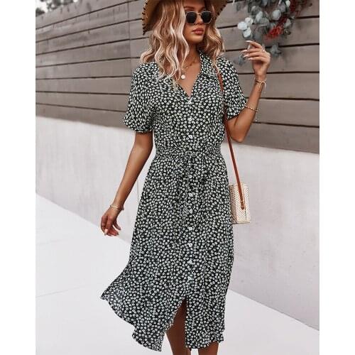 Summer Short Sleeve Floral Print Wrap Dress Women Elegant Turn-down Collar V Neck Party Dresses Female A Line Office Vestido