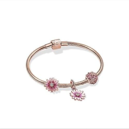 2020 New 925 Sterling Silver Rose Gold Brilliant Daisy Beaded Bracelet Set For Christmas Wedding Party Gift Fashion Jewelry
