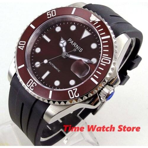 40mm PARNIS watch men waterproof Noble rubber bracelet brown dial red luminous sapphire ceramic ceramic bezel MIYOTA Auto PA633