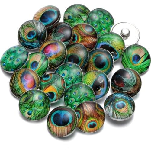 50pcs/lot Peacock Feather Pattern & Styles Glass Charms 18mm Snap Button Jewelry For DIY Bracelet Snaps Jewelry KZHM016