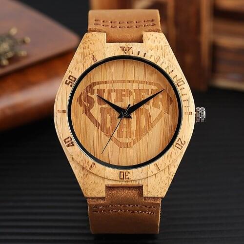 Nature Wooden Watches Super Dad Pattern Casual Bamboo Wood Mens Wrist Watch Gift Casual Genuine Leather Band Strap Quartz Watch