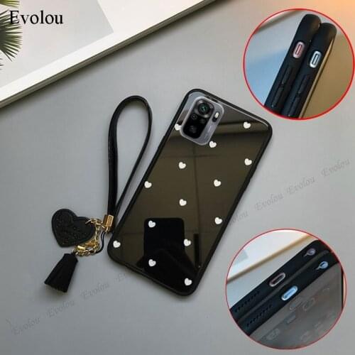 For Redmi Note 10 Pro Max Case Love Heart Tempered Glass Phone Case For Redmi Note 10S 9S 8T 6 5A 4X Tassel Lanyard Back Cover