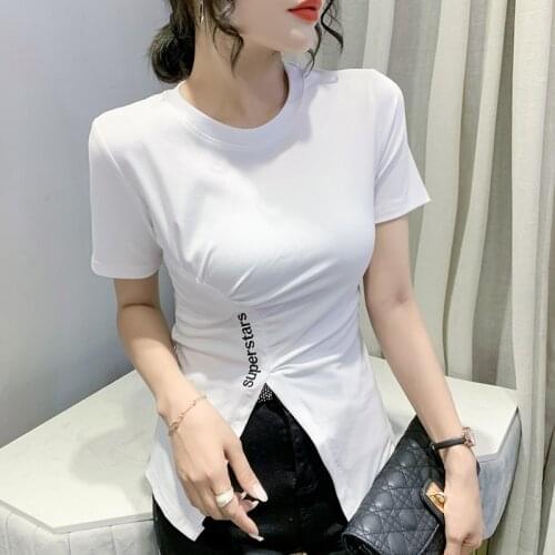 2021Korean summer new Women short Sleeve embroidery T Shirt Women Fashion Tops Split fork Casual Slim Woman T Shirts