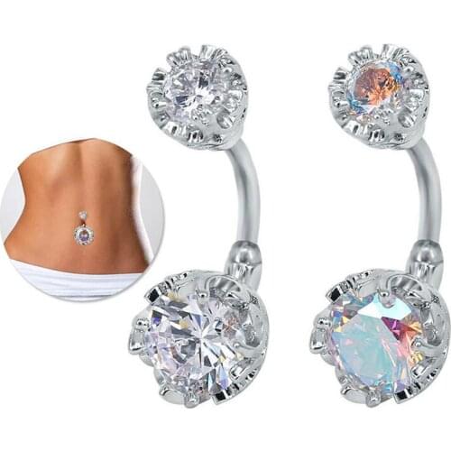 1Pcs Belly Button Rings Navel Piercing Bar Double Crystal Head Stainless Steel Cubic Zirconia Stone Body Jewelry