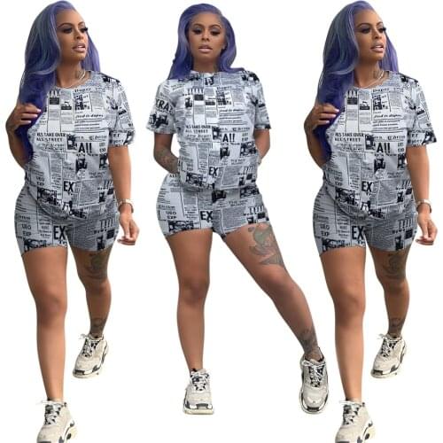 Newspaper print summer 2 piece set women o-neck short sleeve top and skinny shorts suit tracksuit outfit SUMMEML040