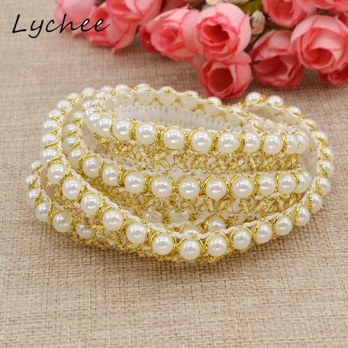 Lychee 1m Polyester Yarn Embroidered Artificial Pearl Lace Edge Trim For DIY Home Decoration Ribbon Garment Cloth