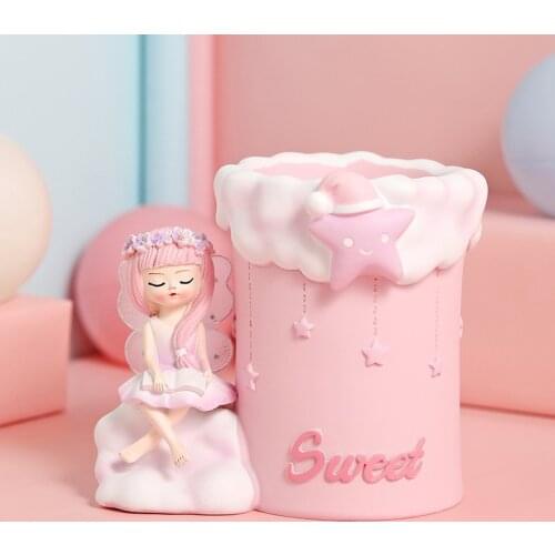 Pink Cute Girl Heart Polyresin Student Stationery Desk Storage Multifunctional Pen Holder
