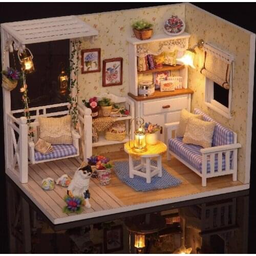 Assemble DIY Toy Wooden Miniatura Cat Miniature Dollhouse Games With Furniture LED Lights Birthday Gift