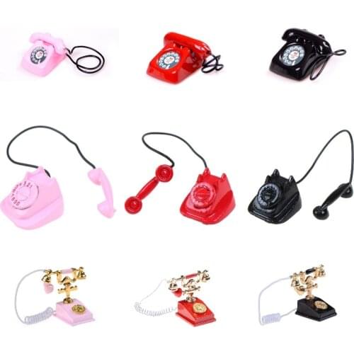 1/12 Dollhouse Miniature Mini Metal Phone Pretend Play Doll Home Wired Telephone Dollhouse Miniature Toy Decoration Gift Kid