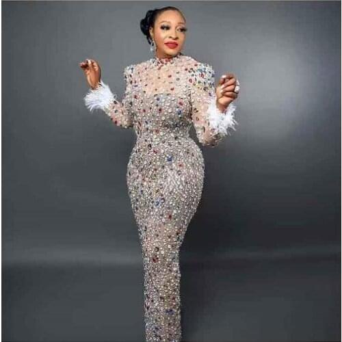 Fashion Multicolor Crystal Pearl Mesh Long Dress Prom Evening Sexy Transparent Rhinestones Birthday Dress Feather Sleeve Costume