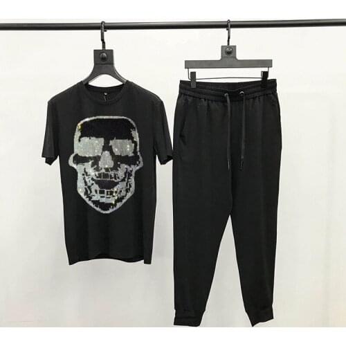 Mens Spring And Summer Perfect Youth T-Shirt Loose Cotton Tracksuit Animal Super Shiny Cartoon Hot Rhinestone Sets