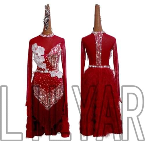 Customized new latin dance competition clothing cha cha children adult red Luxury diamond tassel feather dance skirt dress