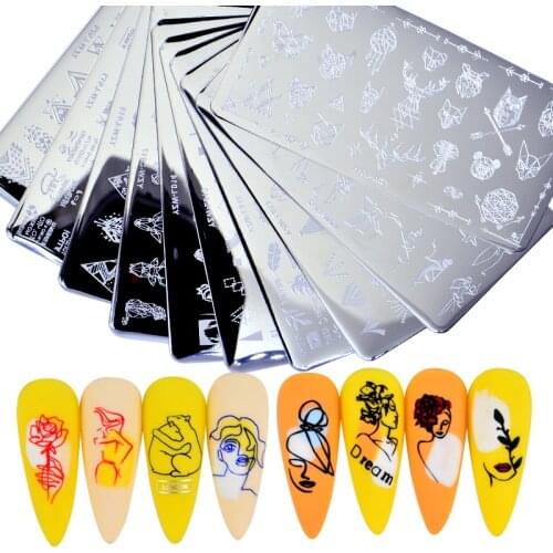 YWK New Women Image Line Pictures Nail Stamping Plates Marble Image Stamp Templates Geometric Printing Stencil Tools